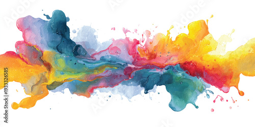 Bright colorful watercolor splash splatter stain brush strokes on white background. Modern vibrant aquarelle spot. Rainbow trendy isolated design on white. Element. Vector watercolor illustration