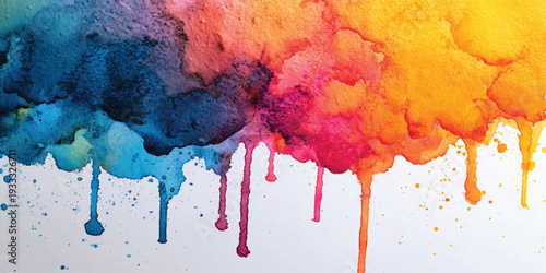 Bright colorful watercolor splash splatter stain brush strokes on white background. Modern vibrant aquarelle spot. Rainbow trendy isolated design on white. Element. Vector watercolor illustration