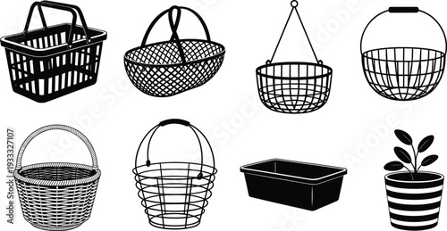 Collection of black basket silhouettes including shopping baskets wicker hampers wire bins and potted plant isolated on white for home design
