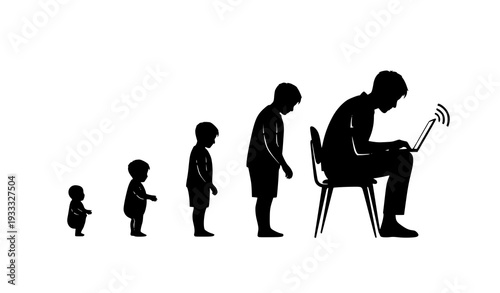 Silhouette progression from infancy to adult showing technology dependency