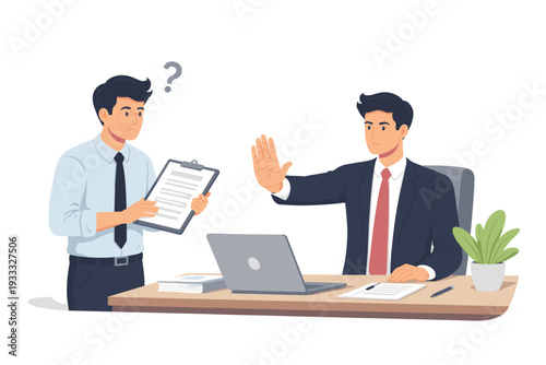 Manager Rejecting Employee Request in Office Illustration. Boss Saying No to Subordinate with Stop Gesture. Work Conflict, Disapproval, and Authority Concept. Professional Business Setting.