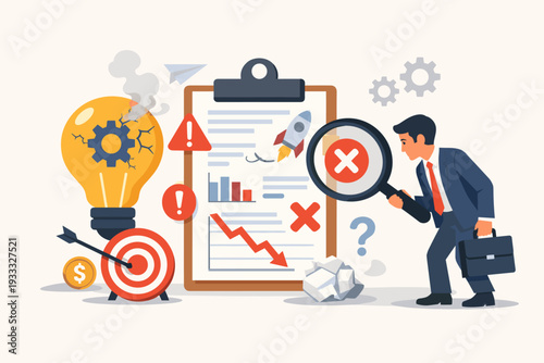 Businessman searching for mistakes in business plan with magnifying glass. Concept of failed startup, financial loss, troubleshooting, and audit. Flat vector illustration of problem solving.