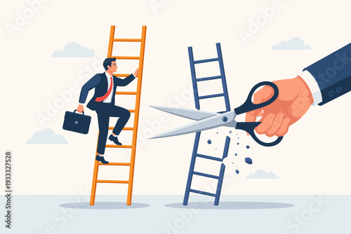 Businessman climbing ladder while giant hand cuts rival's path with scissors, conceptual vector illustration of corporate competition, sabotage, career growth, and eliminating obstacles.