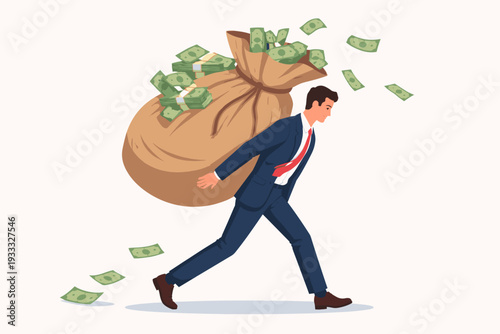 Businessman Carrying a Huge Sack Full of Cash Money on His Back, Illustration of Financial Success, Wealth, Profit, and Economic Growth Concept with Money Bills Falling Out of a Heavy Bag.