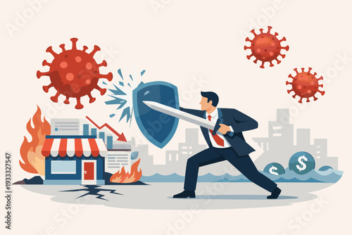 Businessman fighting to protect small business from COVID-19 coronavirus outbreak crisis, using sword and shield to defend shop against economic downturn, financial risk, and pandemic impact