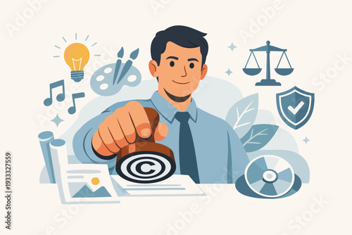 Man Holding Copyright Stamp to Protect Intellectual Property and Creative Works Like Art, Music, and Digital Media, Representing Legal Rights, Ownership, Patent Law, and Artist Rights Protection