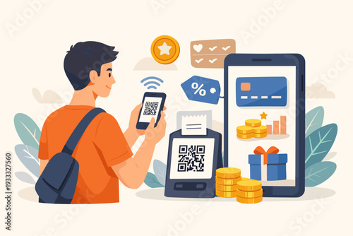 Young Man Using Smartphone to Scan QR Code for Mobile Cashless Payment at Digital Terminal; Concept of Modern Fintech, Online Banking, E-commerce Rewards, and Secure Electronic Transactions.
