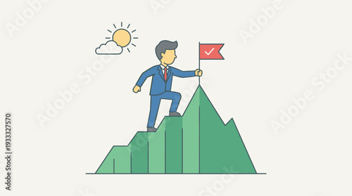 Successful Businessman Climbing a Green Bar Graph Mountain to Plant a Red Flag, Representing Goal Achievement, Business Growth, Leadership, Progress, Ambition, and Reaching the Peak of Success.