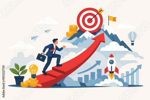 Businessman climbing a red arrow staircase towards a target on a mountain peak, representing business success, goal achievement, career growth, strategic planning, and professional motivation.