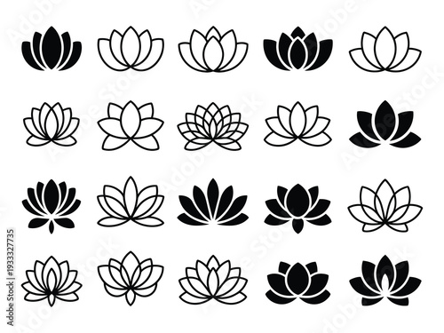 Lotus Symbol Vector Set, Mandala Flower and Water Lily Blossom Icons for Yoga, Meditation, Aroma, and Esoteric Design, Elegant Spiritual Floral Illustration Collection.