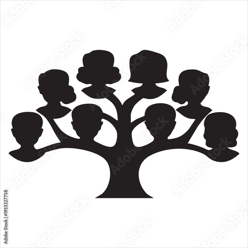  Silhouette family tree displaying multiple generations with eight family members in black and white  editable eps vectors Adobe Illustrator Artwork