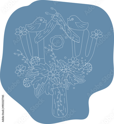 Elegant white line art of a birdhouse and spring flowers set against a decorative blue background. Minimalist garden illustration.