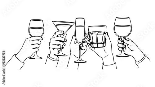 Hands holding various cocktail glasses in a celebratory toast