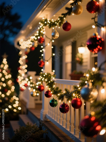 Wallpaper Mural Warm lights and colorful Christmas balls adorn a charming terrace, creating a magical atmosphere on a peaceful winter night. Lush greenery adds to the festive spirit Generative AI Torontodigital.ca