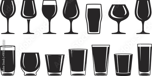 Collection of various drink glassware icons set including wine glasses beer mugs and cocktail tumblers isolated black silhouettes on white background
