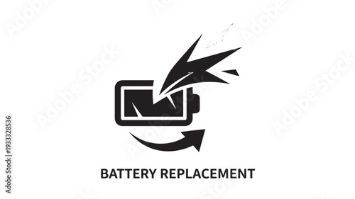 A graphic illustration of a battery with flames coming out, indicating battery replacement or repair. The image features a black battery icon with a curved arrow and the text 'BATTERY REPLACEMENT' 