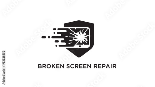 A black and white logo for broken screen repair service, featuring a shield with a cracked phone screen, symbolizing protection and repair. Ideal for tech support and mobile device repair advertising.