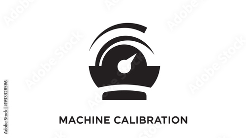 A black and white icon depicting machine calibration, featuring a stylized gauge with curved lines, conveying a sense of technical precision and industrial application on a clean white background.