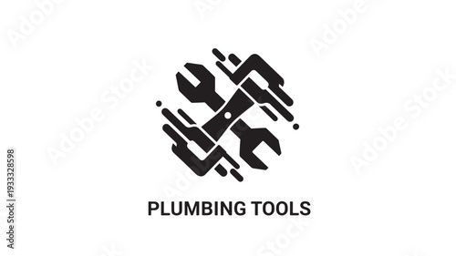 High-contrast black and white vector illustration of essential plumbing tools arranged in a circular icon design, perfect for repair, maintenance, and professional service graphics.