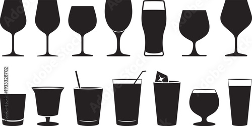 Large set of black silhouette icons featuring varied glassware wine glasses beer mugs ceramic pottery vases and vintage mobile telephones