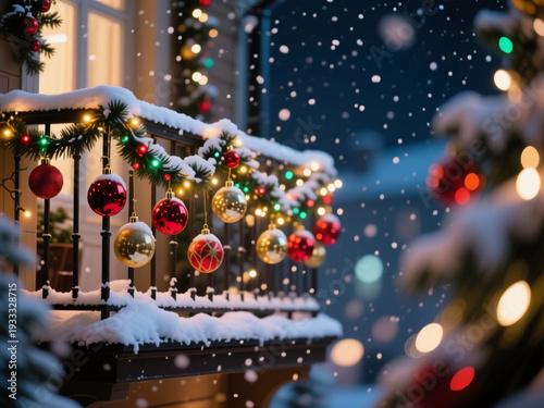 Wallpaper Mural Colorful Christmas balls hang from a balcony, sparkling under the night sky. Snow blankets the scene while soft lights twinkle, creating a warm holiday atmosphere Generative AI Torontodigital.ca