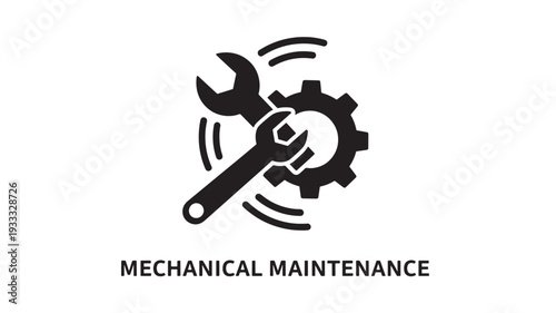 A black and white icon depicting a wrench and gear for mechanical maintenance, representing repair and technical service on a clean white background with a professional aesthetic
