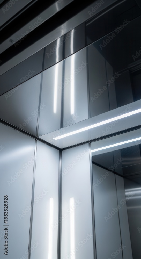 Fototapeta premium Contemporary Interior Architecture Featuring Sleek Lines and Reflective Metallic Surfaces