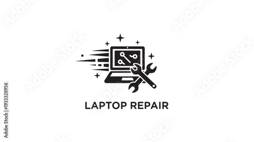 A black and white icon depicting a laptop with a wrench and screwdriver crossed over it, surrounded by sparkles and motion lines, representing laptop repair and maintenance services.