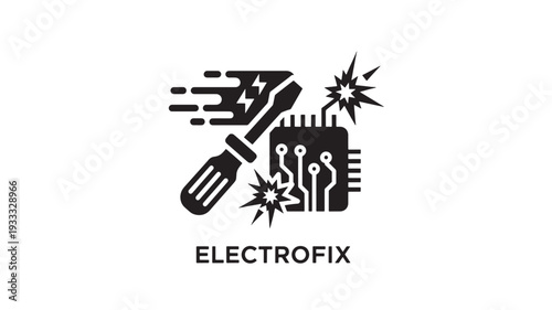 A black and white icon depicting a screwdriver and a microchip with sparks, representing electronic repair and fixing services.