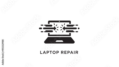 A simple black and white icon depicting a laptop with a broken screen and lines radiating from it, representing laptop repair and technology support services.