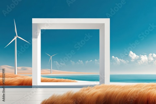 Minimalistic white rectangle framing coastal landscape with wind turbines and golden grasses