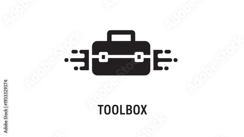 A black toolbox icon with a wrench symbol, representing repair and maintenance, on a white background with motion lines, conveying action and efficiency.
