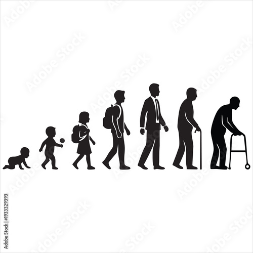 Black Silhouettes Representing the Stages of Human Life and Aging from Infancy to Old Age Vector Illustration on White Background Adobe Illustrator Artwork
