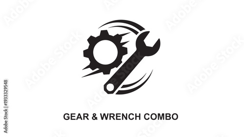 A black icon featuring a gear and wrench combination on a white background, representing repair, maintenance, and mechanical work.