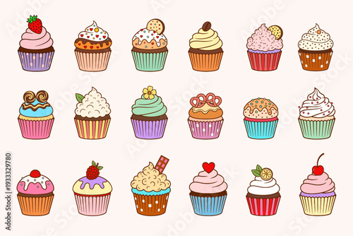 Cupcakes set with different toppings and cream. Vector collection of sweet muffins with berries, chocolate, sprinkles and fruits. Isolated dessert icons in flat line art style. EPS10