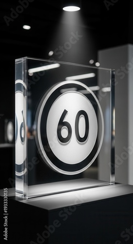 Digit Sixty Illuminated Within a Transparent Cube, Showcased on a Dark Platform with Spotlighting