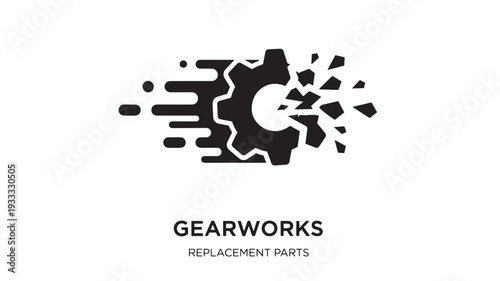 High-contrast black and white vector illustration of a gearworks logo with splashing debris, ideal for industrial repair, machinery maintenance, and replacement parts branding.