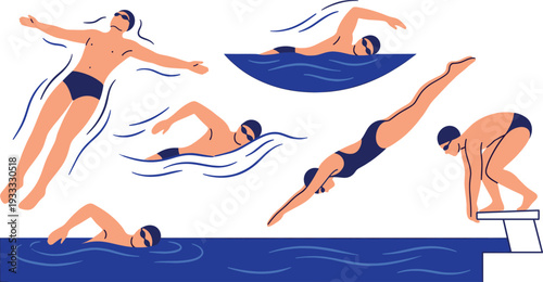 Swimming pool training sequence with male swimmer performing freestyle backstroke dive start and floating positions flat vector illustration isolated on white background