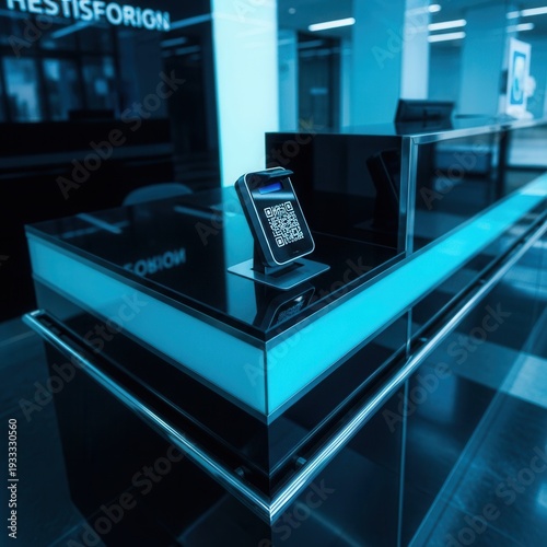 Contemporary Reception Desk in a Modern Office Building with QR Code Reader in Cyan Tone