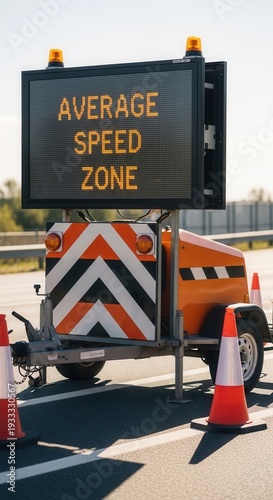 Digital Road Safety Sign Displaying Average Speed Zone During Highway Construction Project