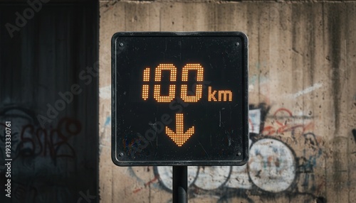 Digital Signage Displays Speed Limit of One Hundred Kilometers with an Arrow in a Urban Setting