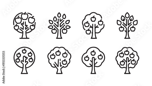 Tree Icons Set Vector Line Art Fruit Nature Orchard Garden Food