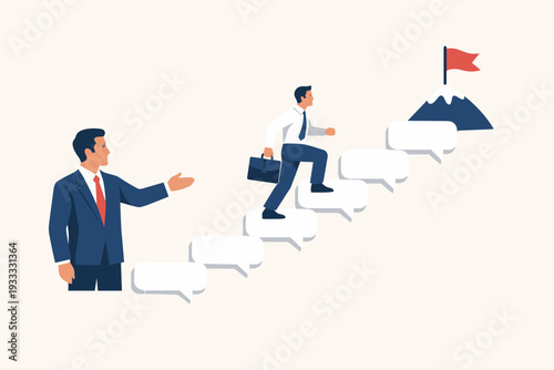 Leader recommending employee to success. Businessman walking up speech bubble stairs towards a mountain peak with a red flag. Concept of mentorship, career advancement, and corporate guidance.