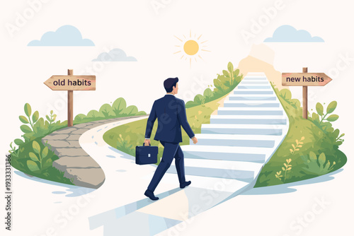 Businessman in suit climbing white stairs towards new habits sign, choosing a positive path over old habits. Concept of personal growth, career advancement, motivation, and life transformation.