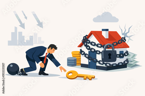 Businessman struggling with mortgage debt in economic crisis reaching for key to unlock house wrapped in chains and padlock, concept of financial foreclosure, property loss, and bankruptcy risk.