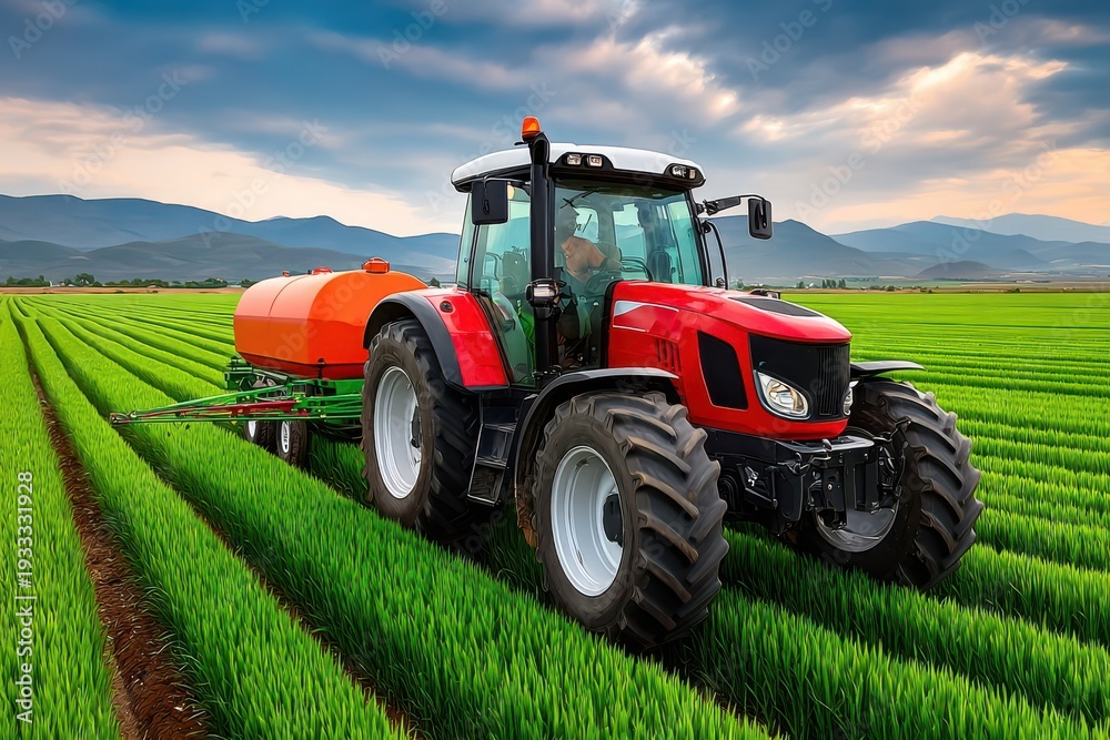 Obraz premium Tractor spraying crops on green farmland with modern sprayer equipment at sunset