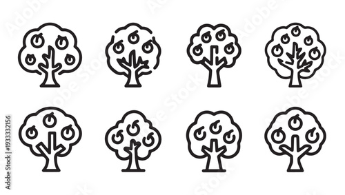 Set of stylized fruit trees with apples simple line art icons on white background