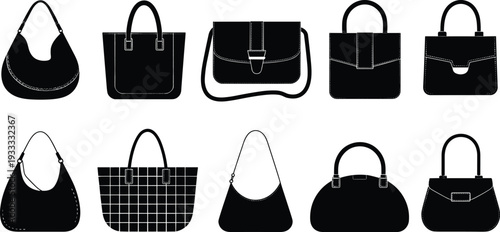 Collection of black female handbag silhouettes including tote bags shoulder purses messenger bags and fashion satchels isolated on white background