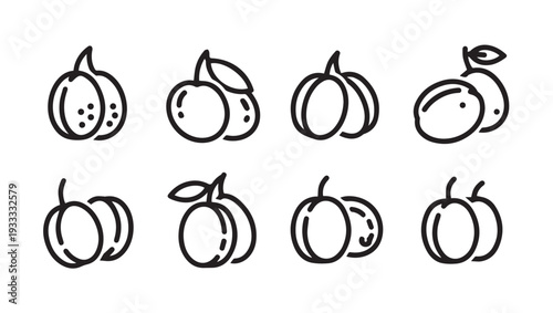 Set of line art plum and cherry icons simple fruit illustrations graphic design elements