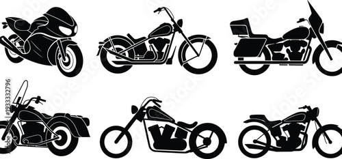 Set of black motorcycle silhouettes including sport bikes cruisers and touring motorbikes isolated on white background for automotive design projects